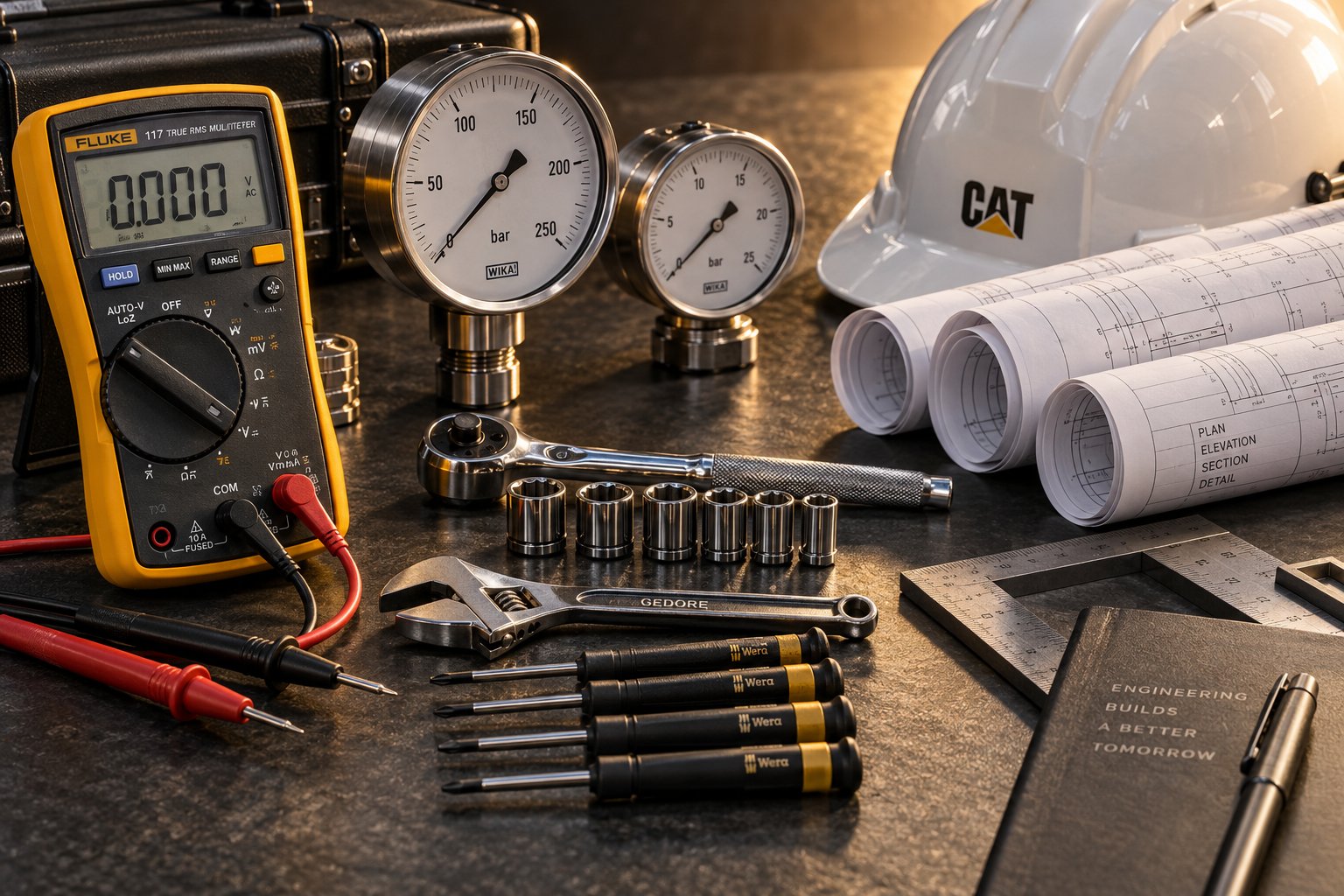 Precision electrical testing tools, safety helmet and architectural blueprints