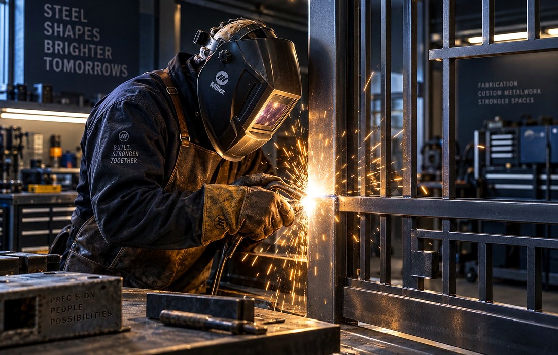 Metal fabrication specialist arc welding architectural steel structure with sparks
